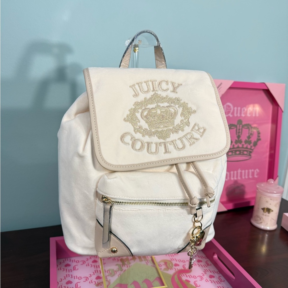Juicy Couture Cream Embroidered Logo Backpack with Gold Hardware